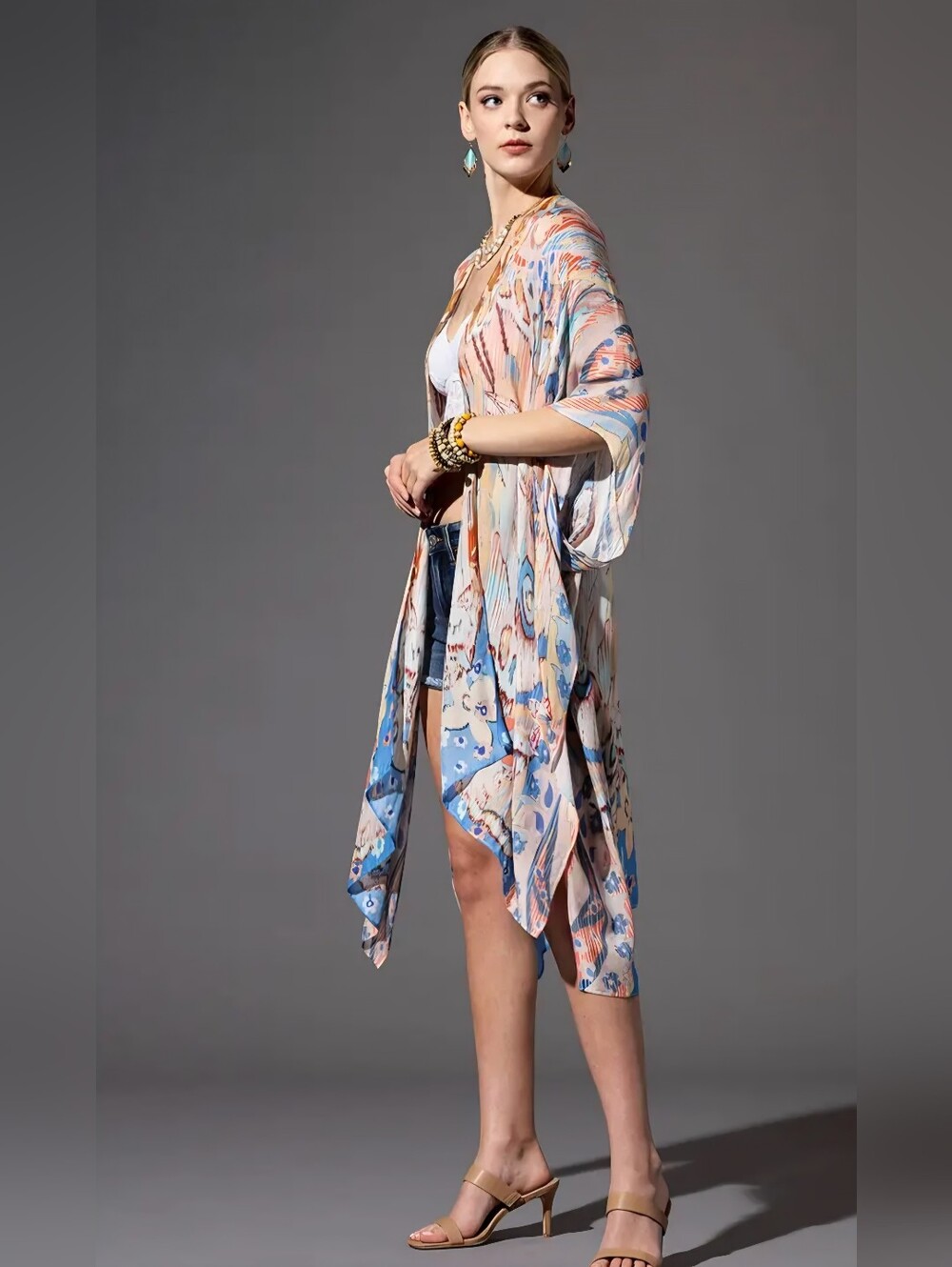 1195 Lightweight Watercolor Print Kimono Cardigan - Peach & Blue